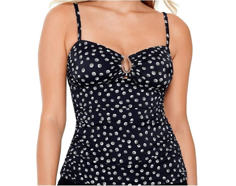 Swim Solutions Tankini Top Women's Size 16 Black White Polka Dot Ruched Swimwear